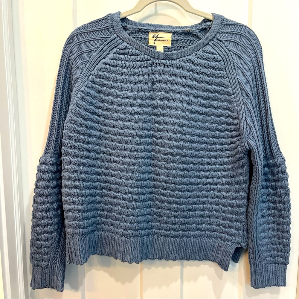 Andrea Jovine Cropped Cable Knit Blue Sweater Women's Size Small Chunky‎ Knit